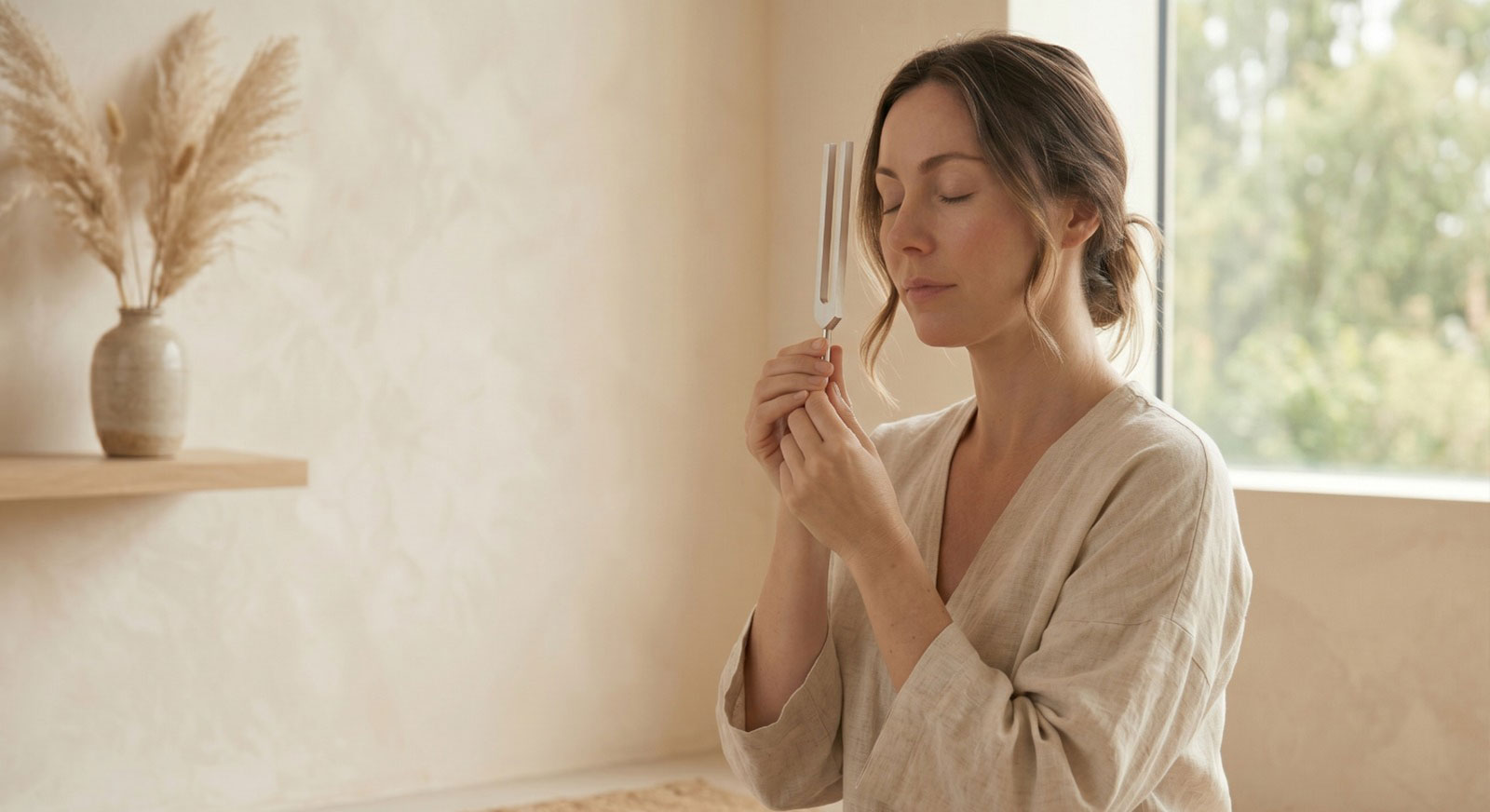 Woman using a tuning fork for sound healing